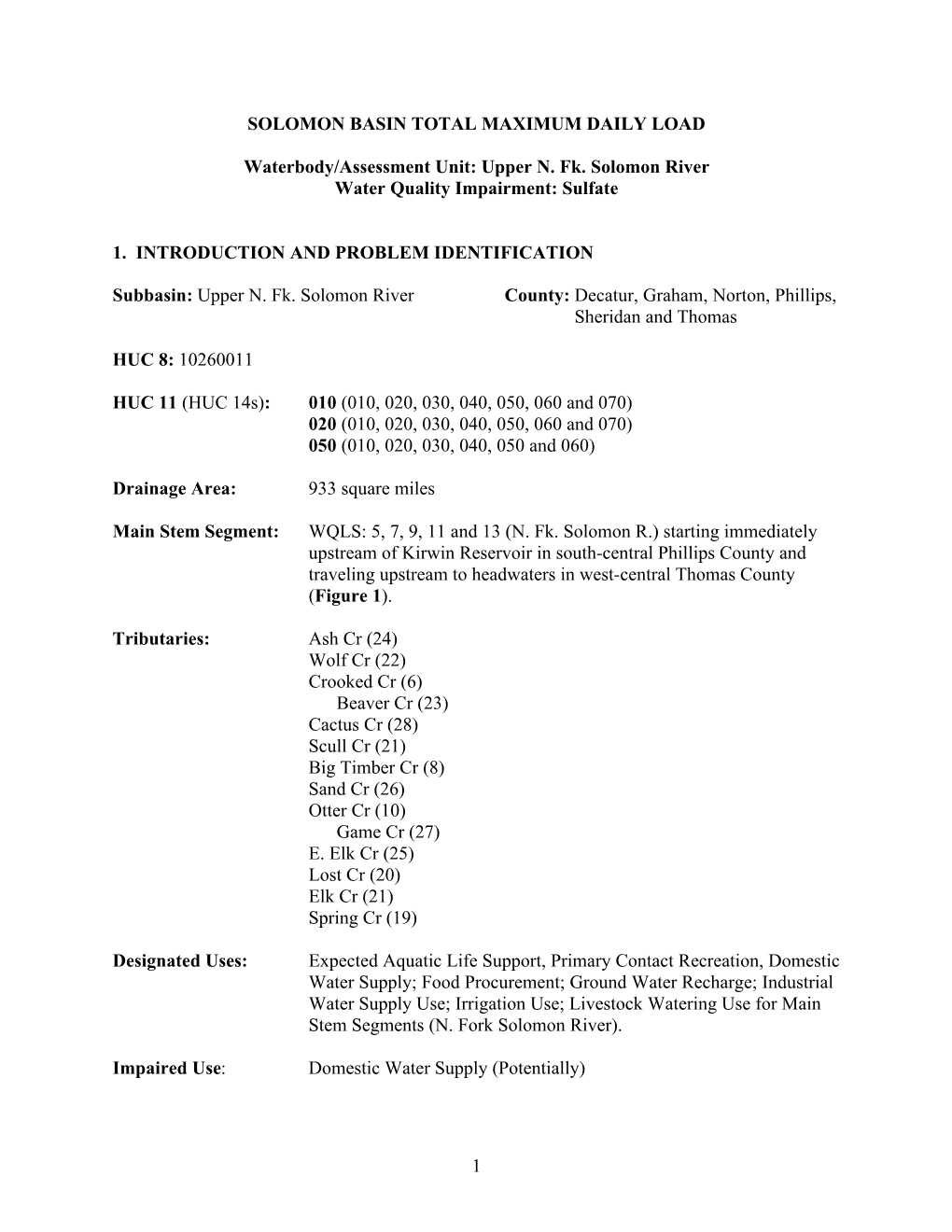 Upper N. Fk. Solomon River Water Quality Impairment: Sulfate