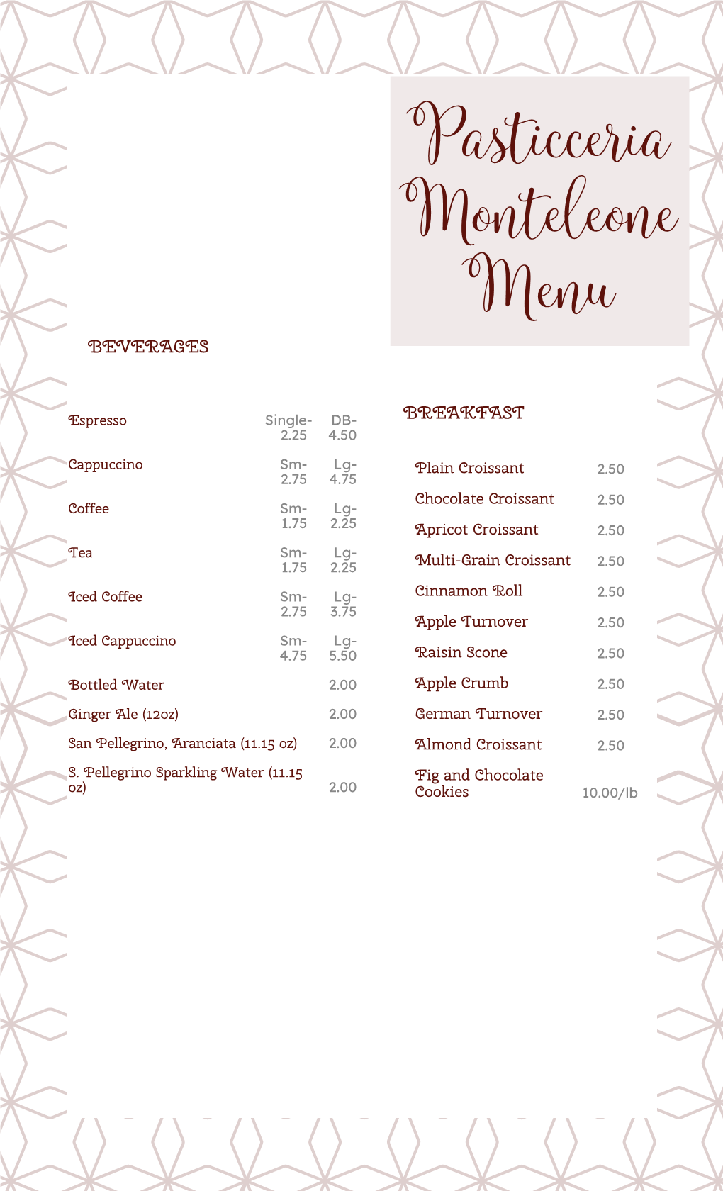 Pasticceria Monteleone Menu BEVERAGES