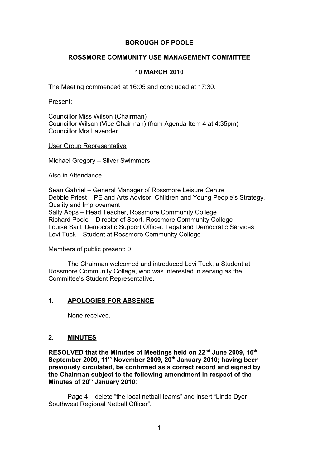 Minutes - Rossmore Community Use Management Committee - 10 March 2010