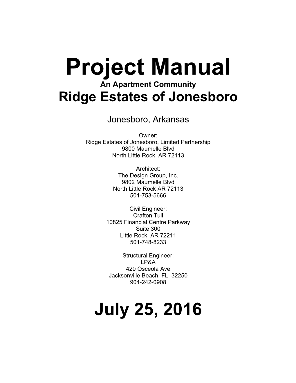 Project Manual an Apartment Community Ridge Estates of Jonesboro