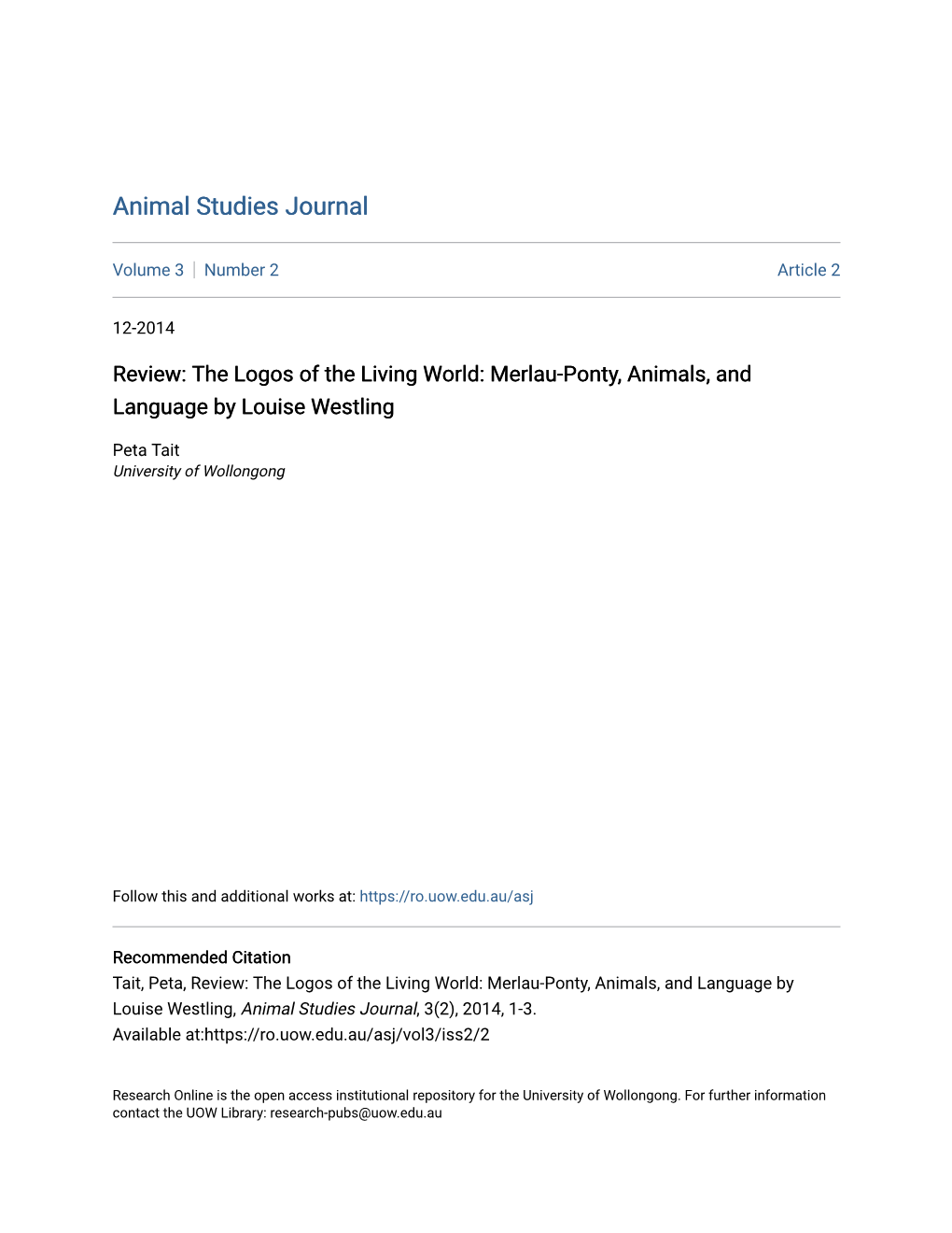 Review: the Logos of the Living World: Merlau-Ponty, Animals, and Language by Louise Westling