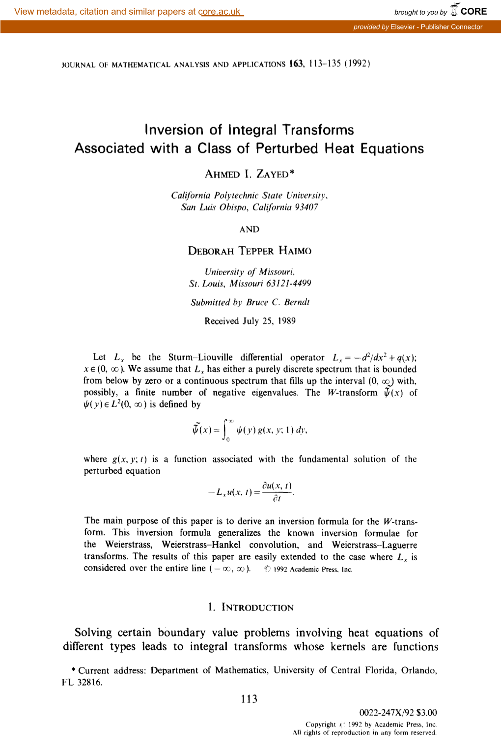 Inversion of Integral Transforms Associated with a Class of Perturbed Heat Equations