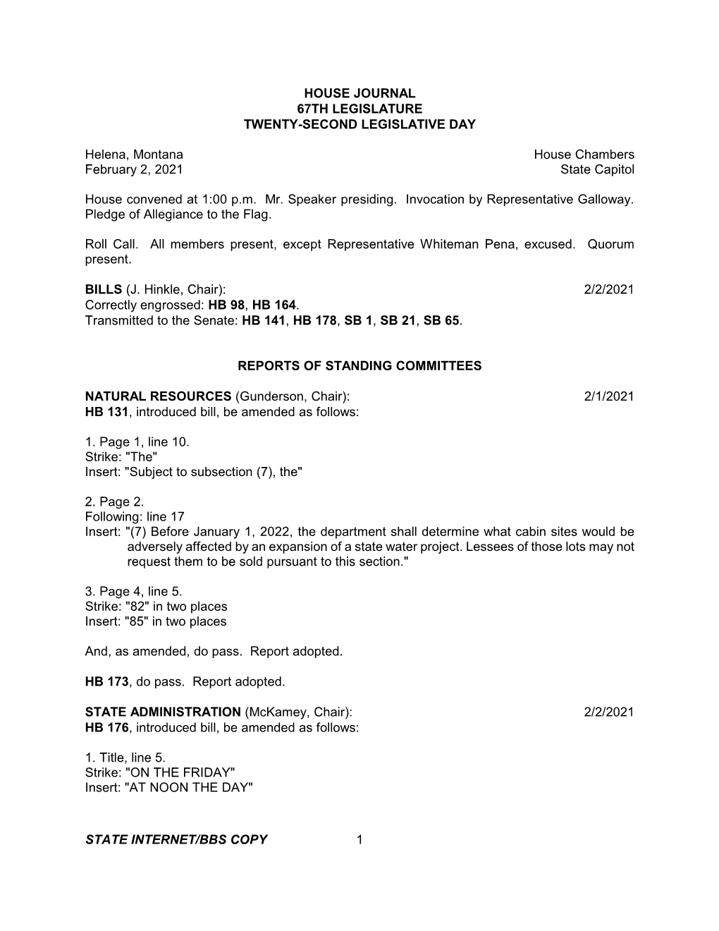 House Journal 67Th Legislature Twenty-Second Legislative Day