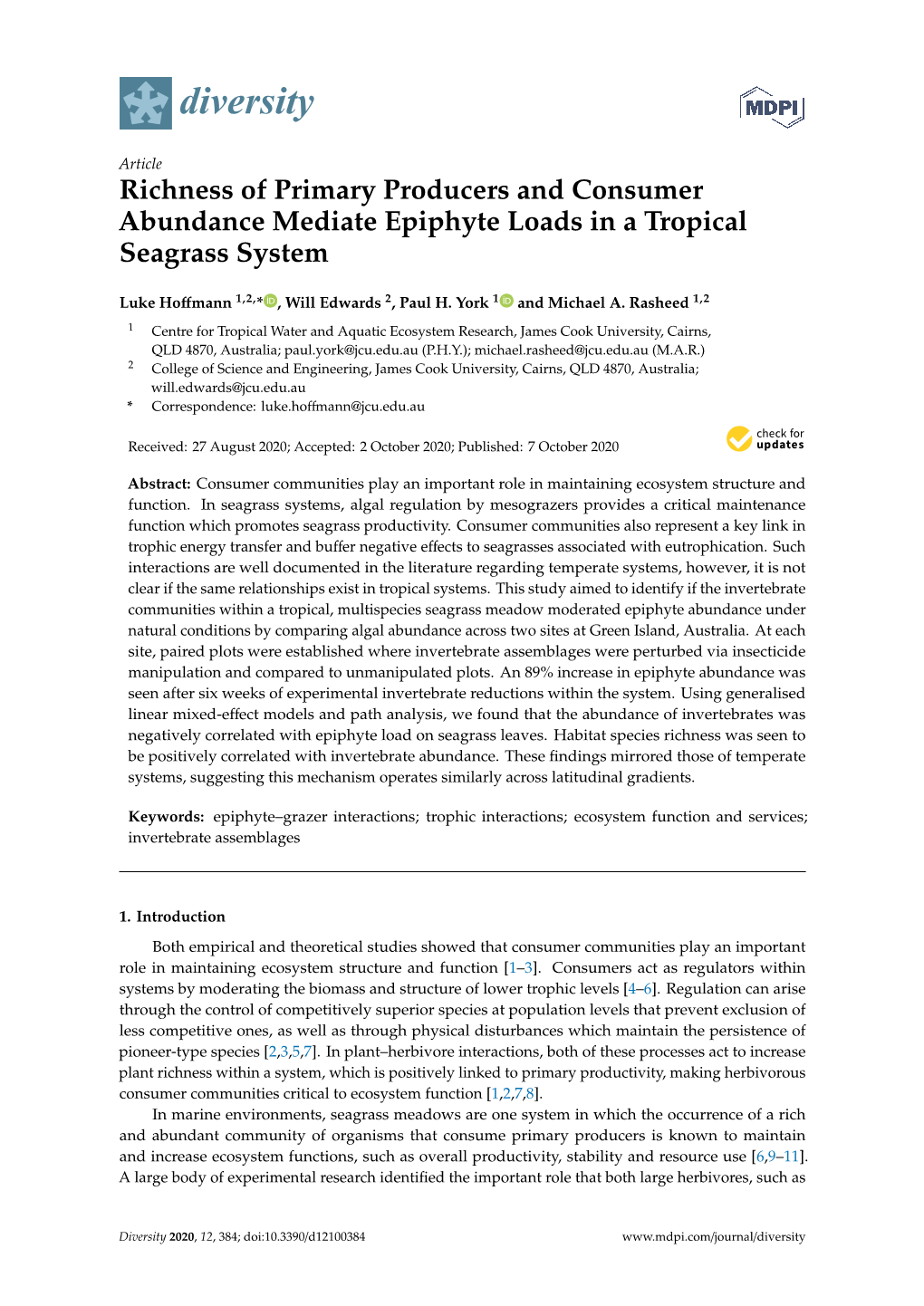 Richness of Primary Producers and Consumer Abundance Mediate Epiphyte Loads in a Tropical Seagrass System