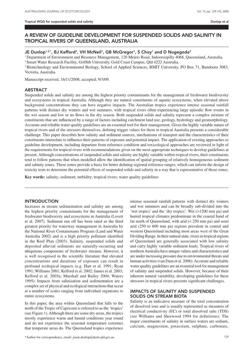 A Review of Guideline Development for Suspended Solids and Salinity in Tropical Rivers of Queensland, Australia