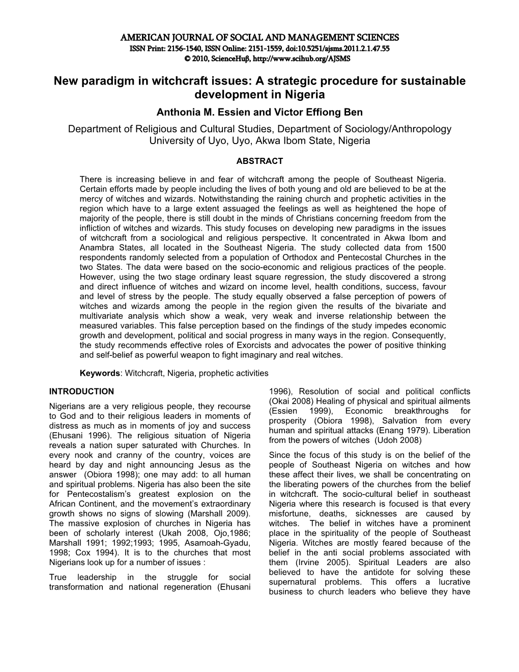 New Paradigm in Witchcraft Issues: a Strategic Procedure for Sustainable Development in Nigeria Anthonia M