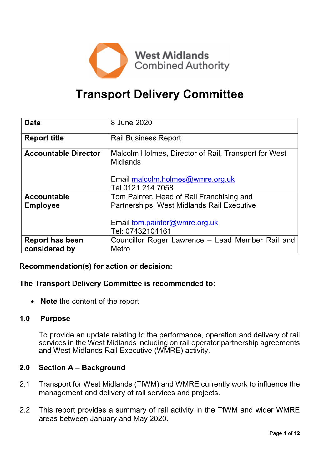 WMCA Board Report Template