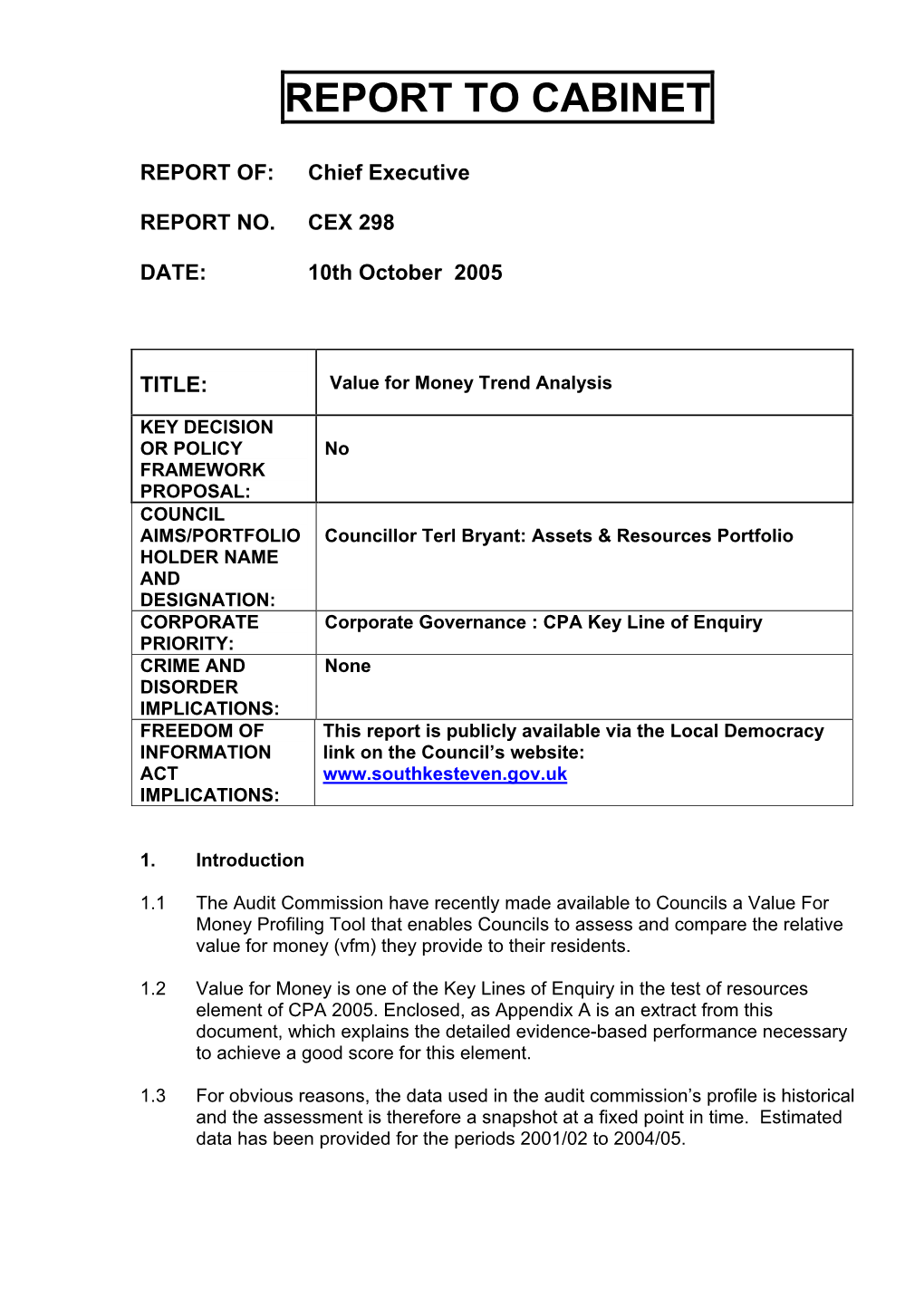 Report to Cabinet