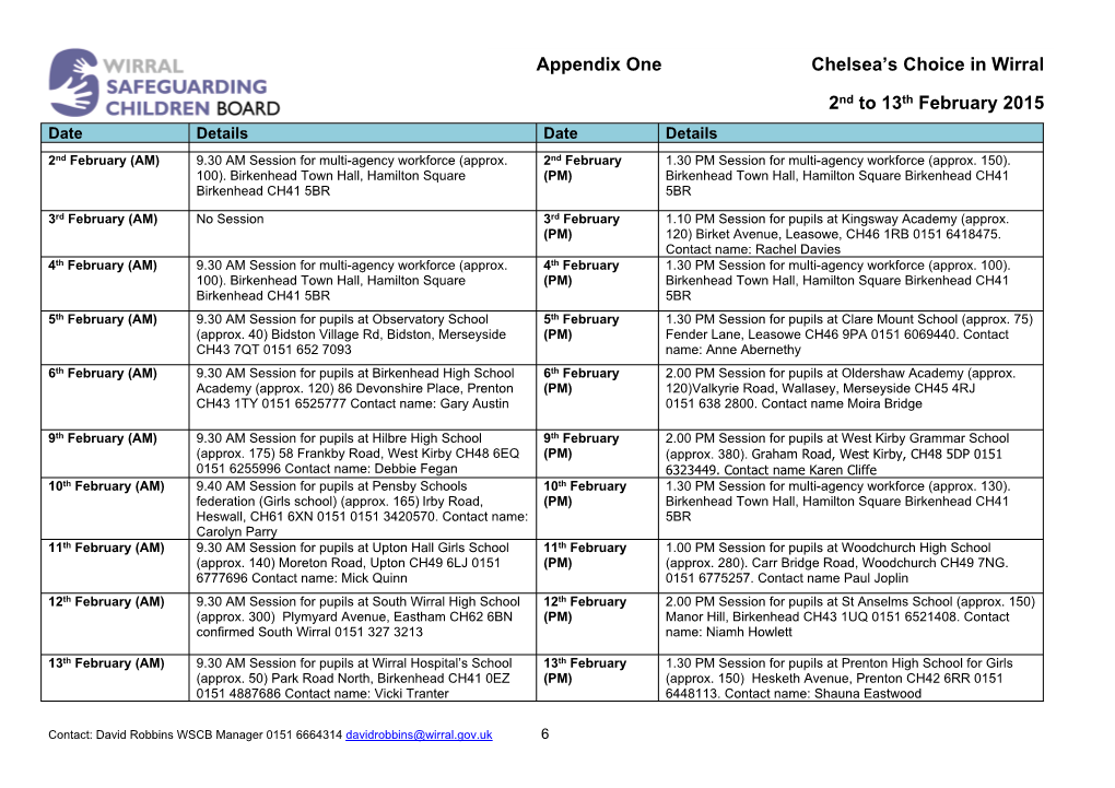 Appendix One Chelsea's Choice in Wirral 2Nd to 13Th February 2015