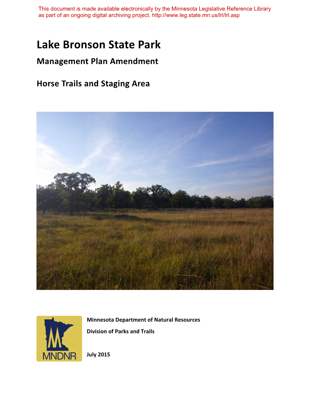 Lake Bronson State Park Management Plan Amendment