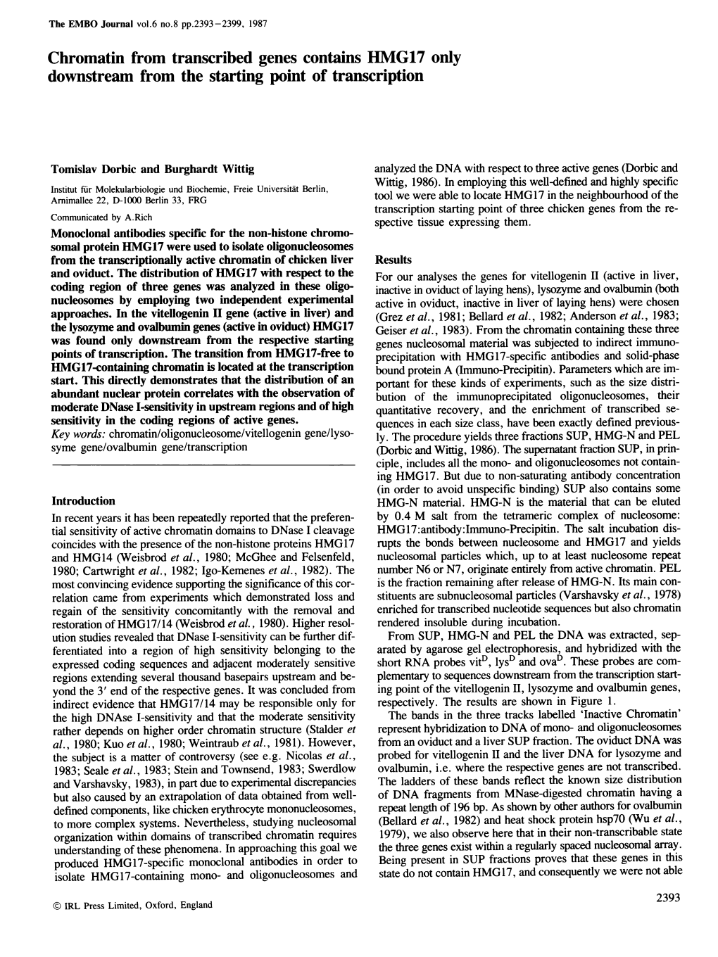 Chromatin from Transcribed Genes Contains HMIG17 Only Downstream from the Starting Point of Transcription