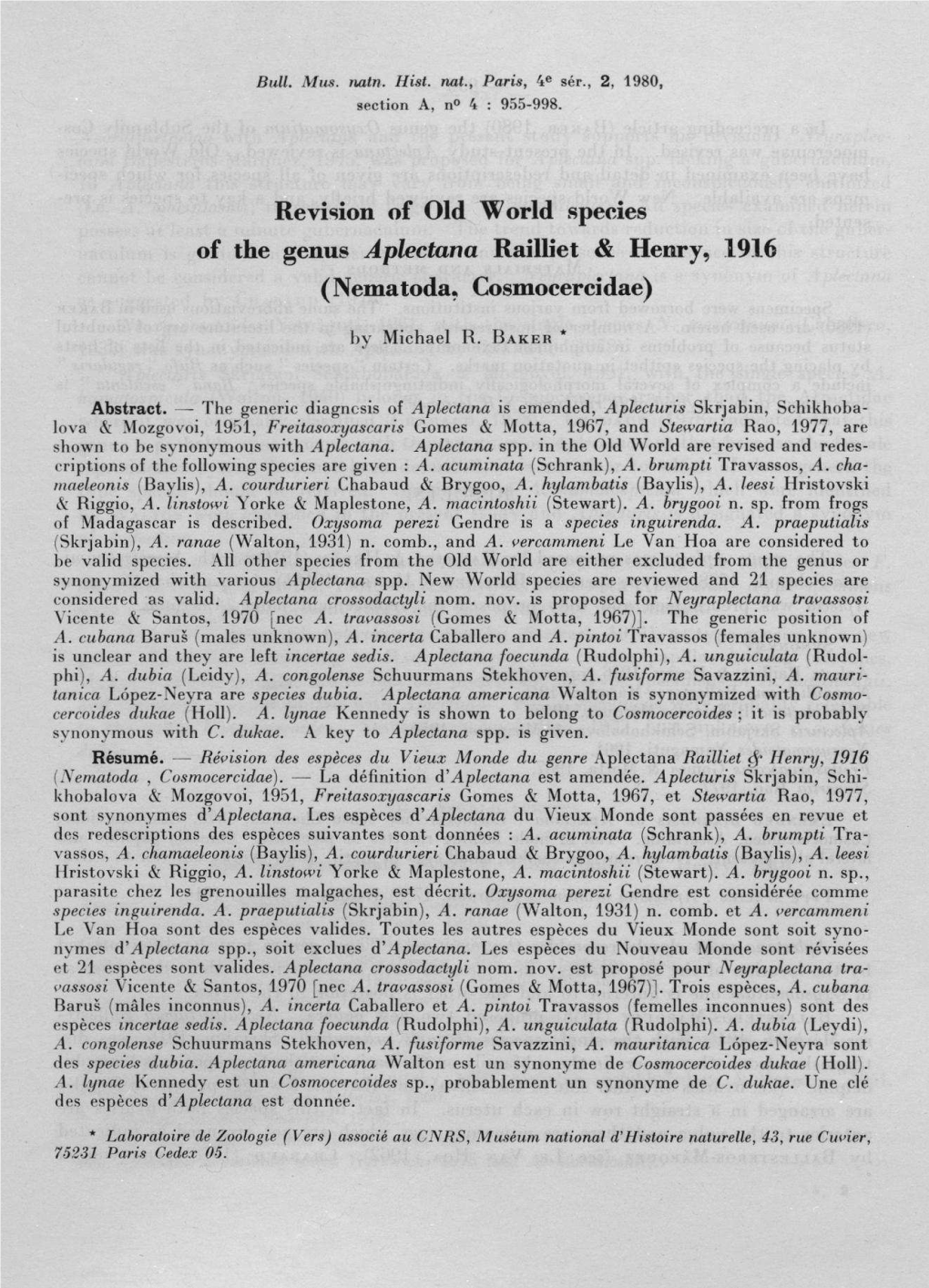 Revision of Old World Species of the Genus Àplectana Railliet & Henry