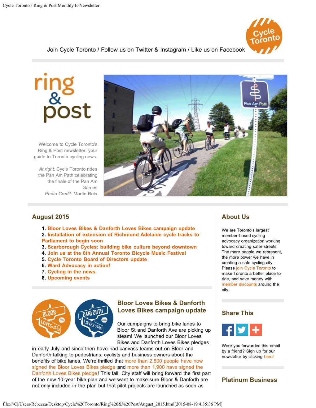 Cycle Toronto's Ring & Post Monthly E-Newsletter