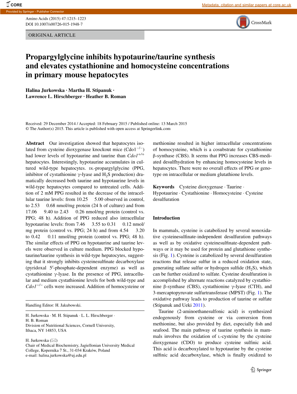 Propargylglycine Inhibits Hypotaurine/Taurine Synthesis and Elevates Cystathionine and Homocysteine Concentrations in Primary Mouse Hepatocytes