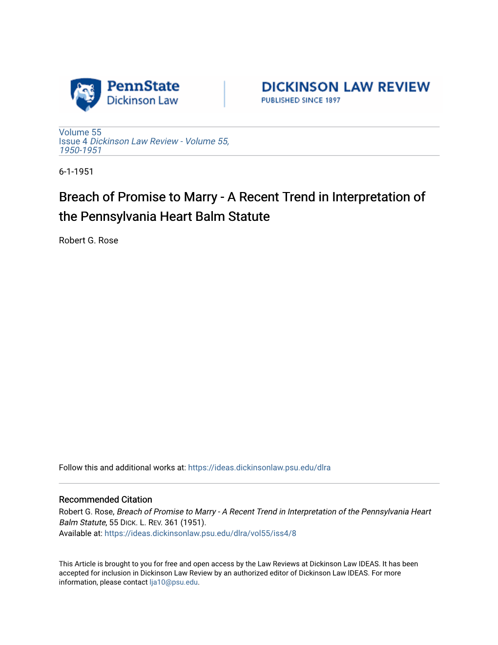 Breach of Promise to Marry - a Recent Trend in Interpretation of the Pennsylvania Heart Balm Statute