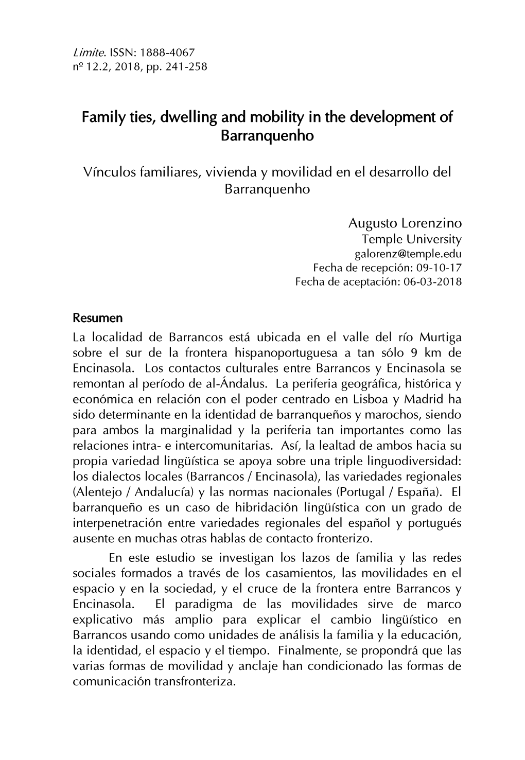 Family Ties, Dwelling and Mobility in the Development of Barranquenho