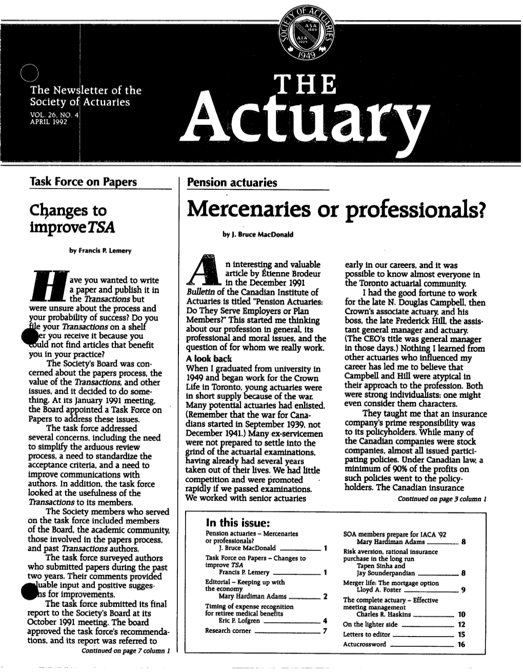 The Actuary--April 1992 2
