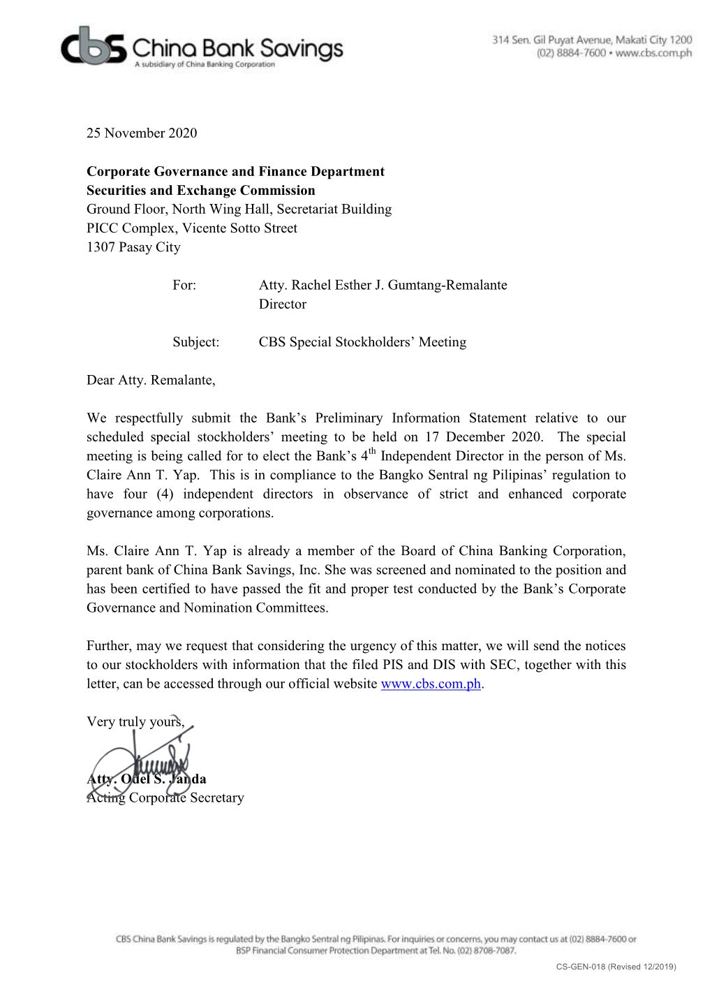 Securities and Exchange Commission Ground Floor, North Wing Hall, Secretariat Building PICC Complex, Vicente Sotto Street 1307 Pasay City