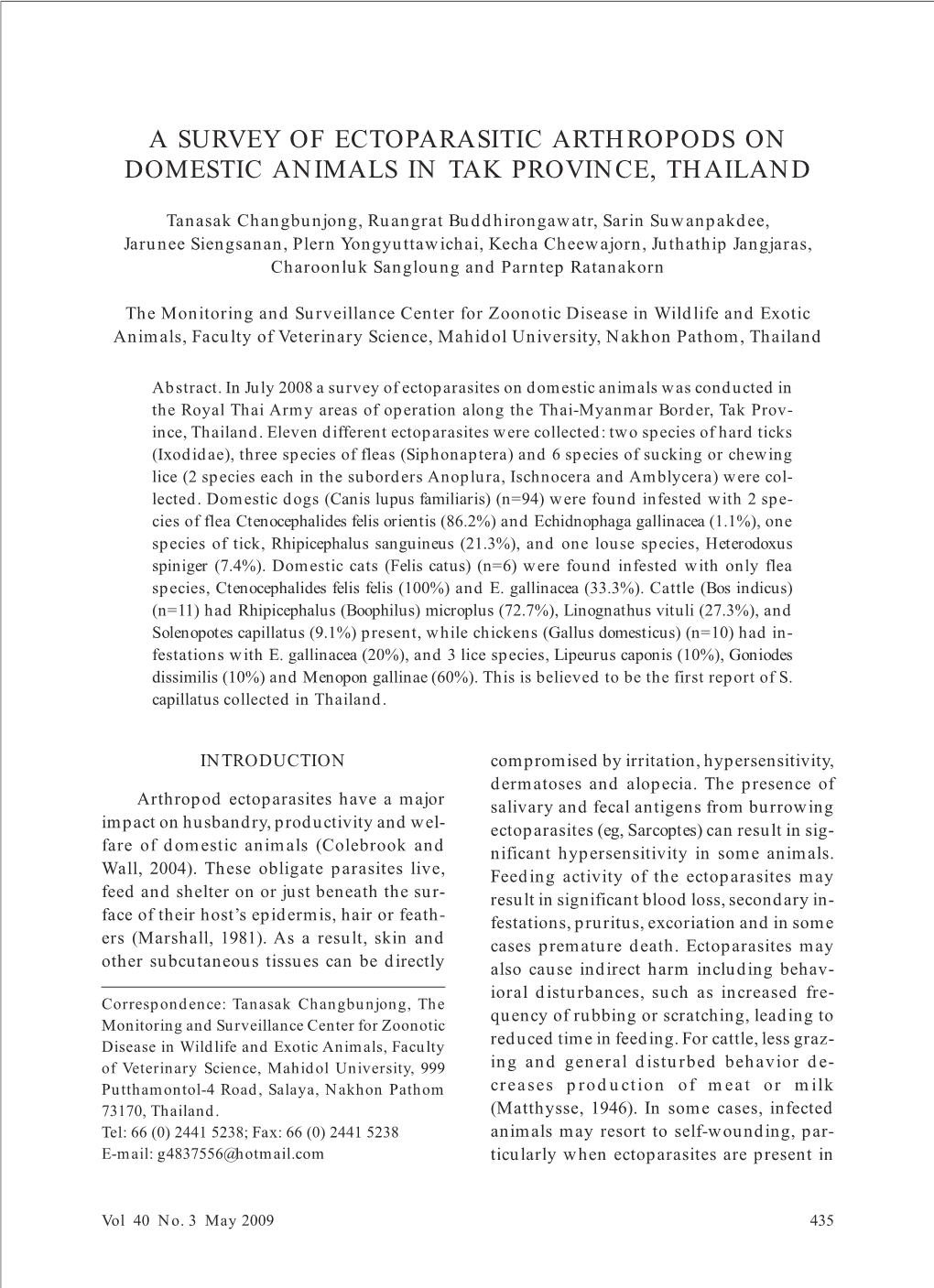 A Survey of Ectoparasitic Arthropods on Domestic Animals in Tak Province, Thailand