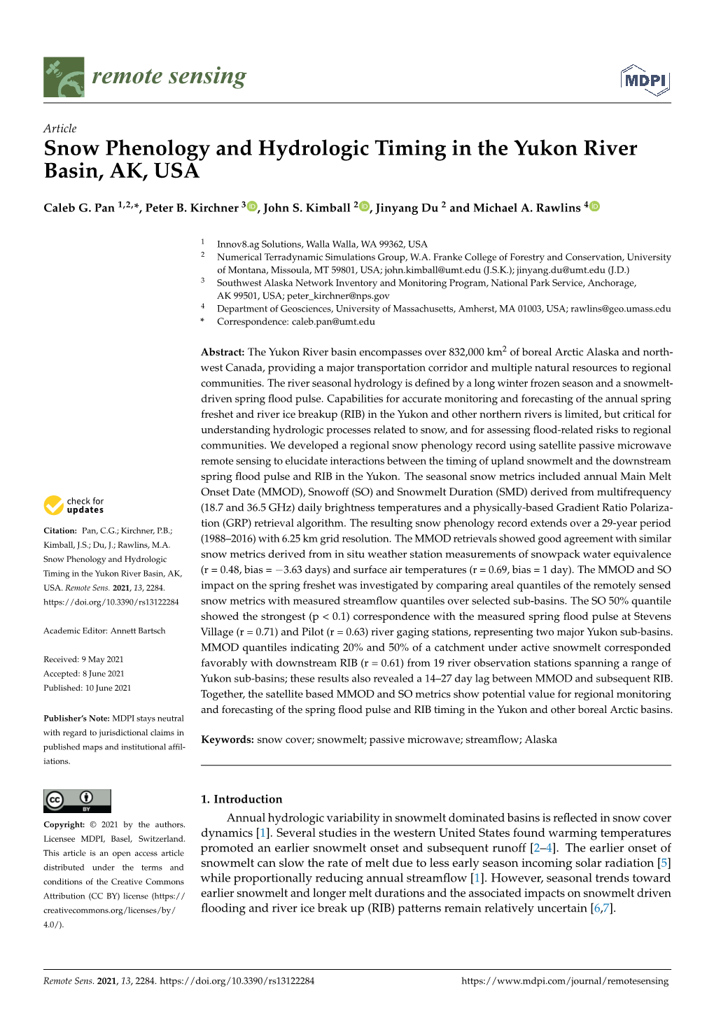 Snow Phenology and Hydrologic Timing in the Yukon River Basin, AK, USA