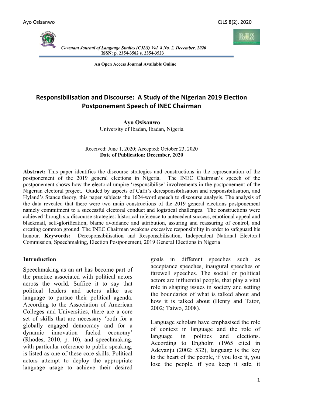 A Study of the Nigerian 2019 Election Postponement Speech of INEC Chairman