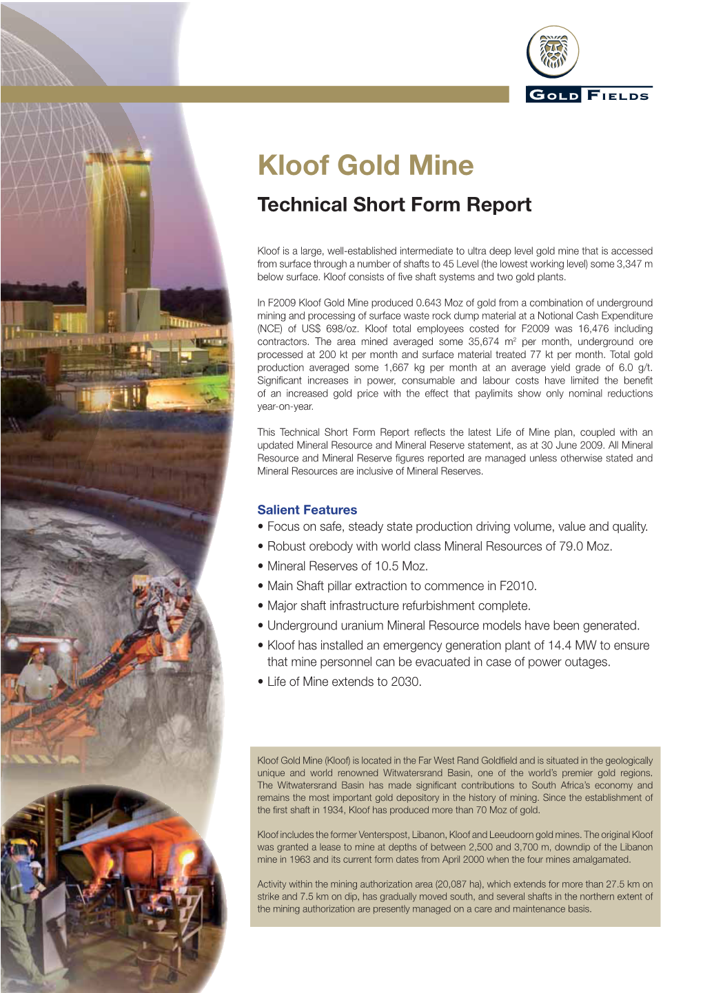 Kloof Gold Mine Technical Short Form Report