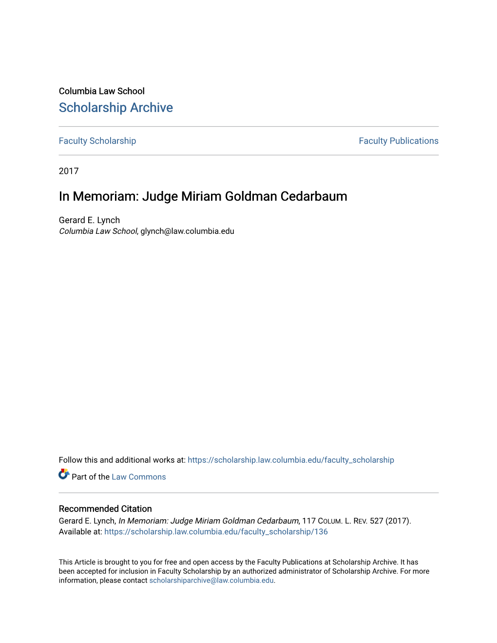 In Memoriam: Judge Miriam Goldman Cedarbaum