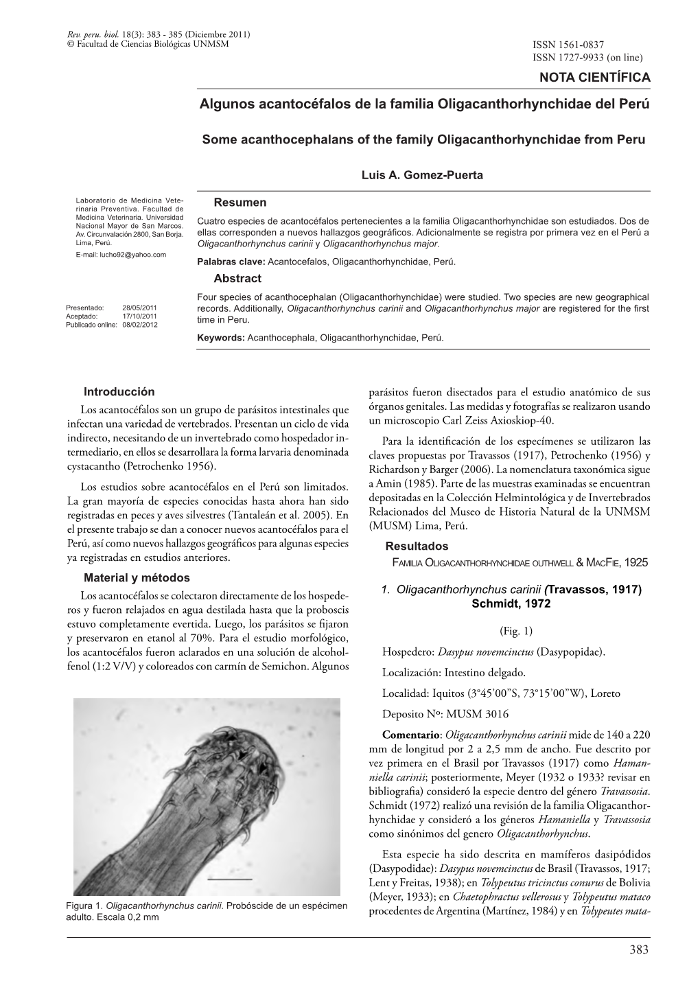 Algunos Acantocéfalos De La Familia Oligacanthorhynchidae Del Perú