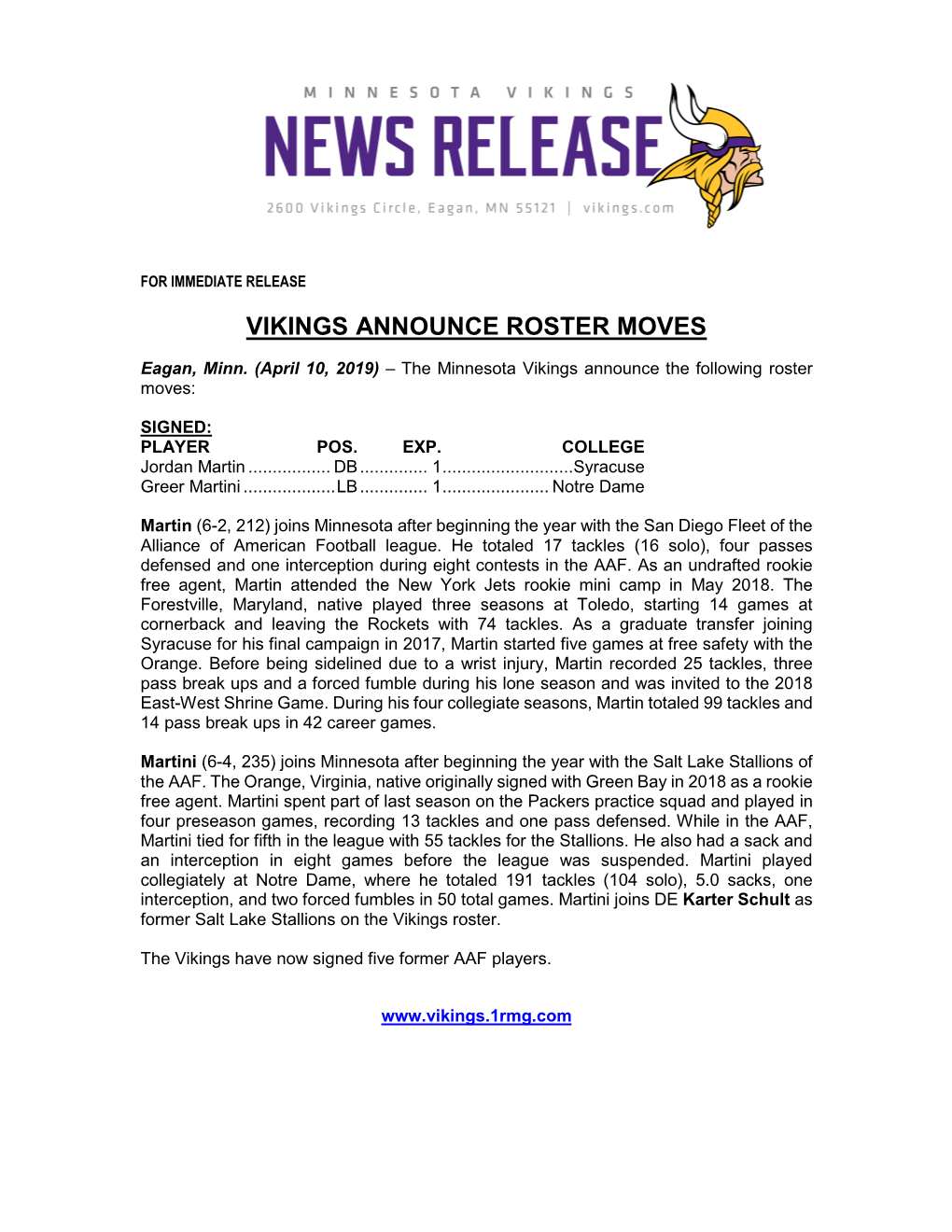 Vikings Announce Roster Moves