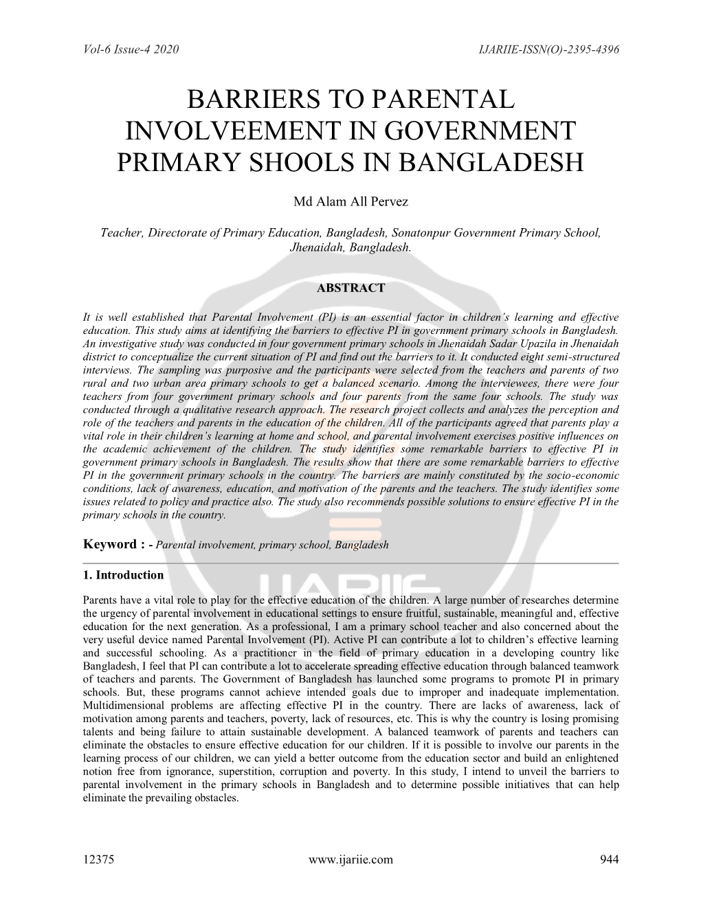 Barriers to Parental Involveement in Government Primary Shools in Bangladesh
