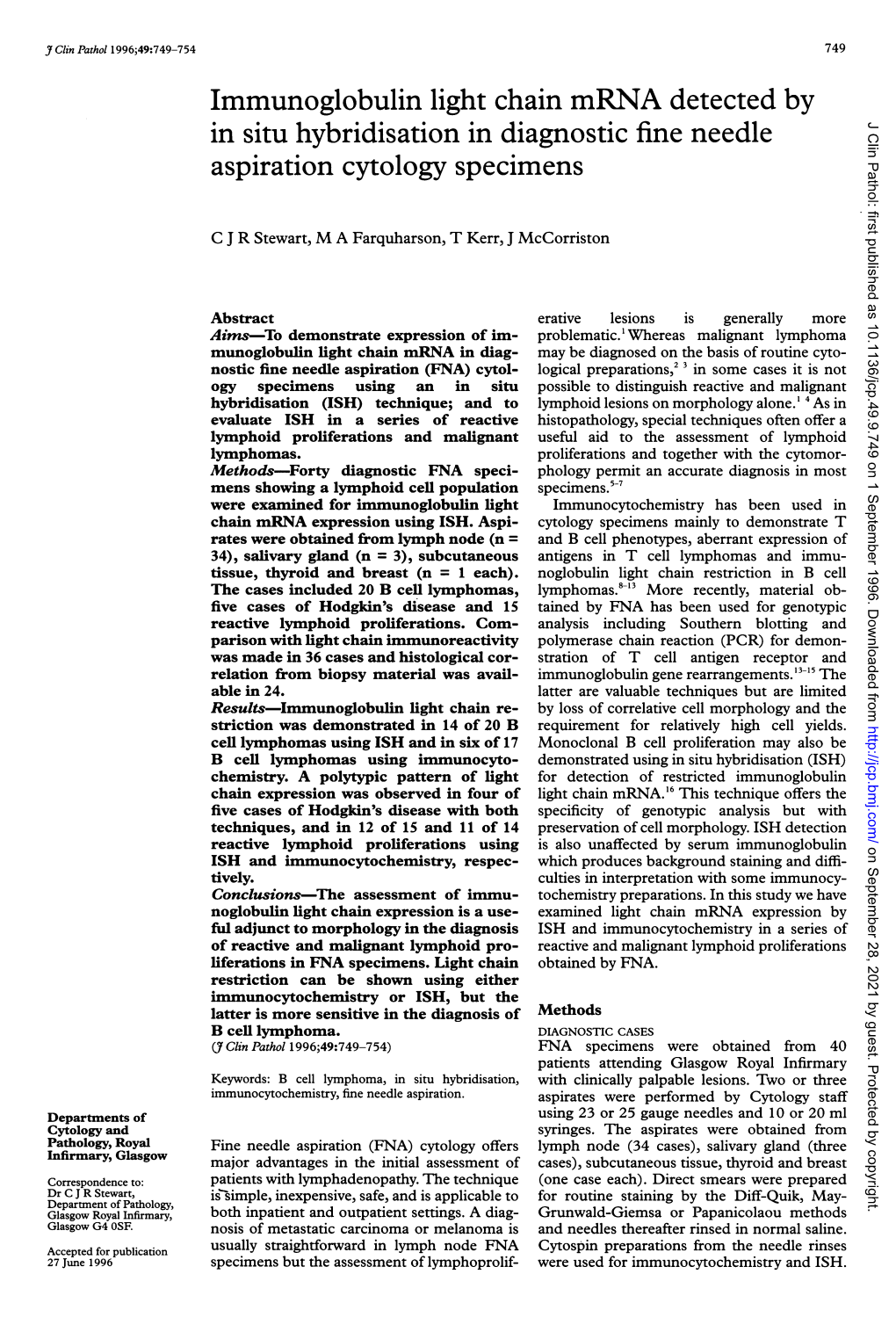 Immunoglobulin Light Chainmrna Detected by in Situ Hybridisation In