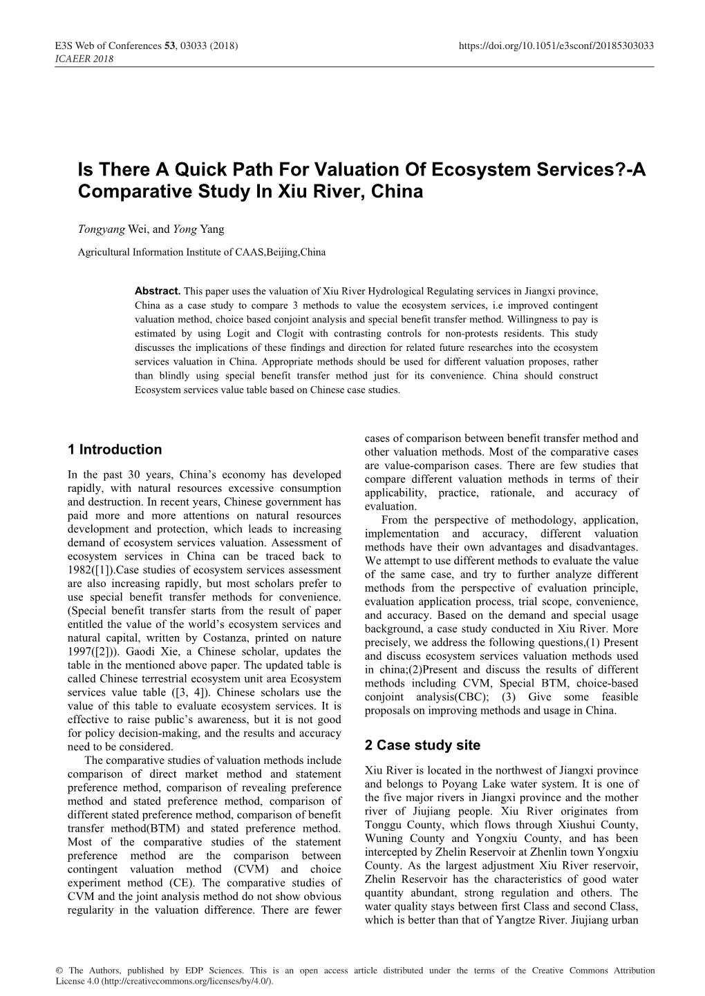 Is There a Quick Path for Valuation of Ecosystem Services?-A Comparative Study in Xiu River, China