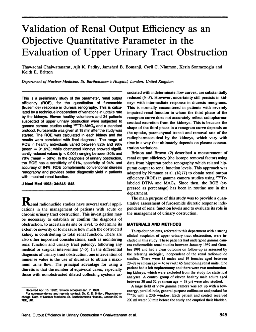 Validation of Renal Output Efficiency As an Objective Quantitative Parameter in the Evaluation of Upper Urinary Tract Obstruction