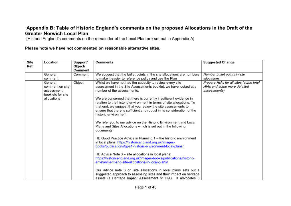 Table of Historic England's Comments on The