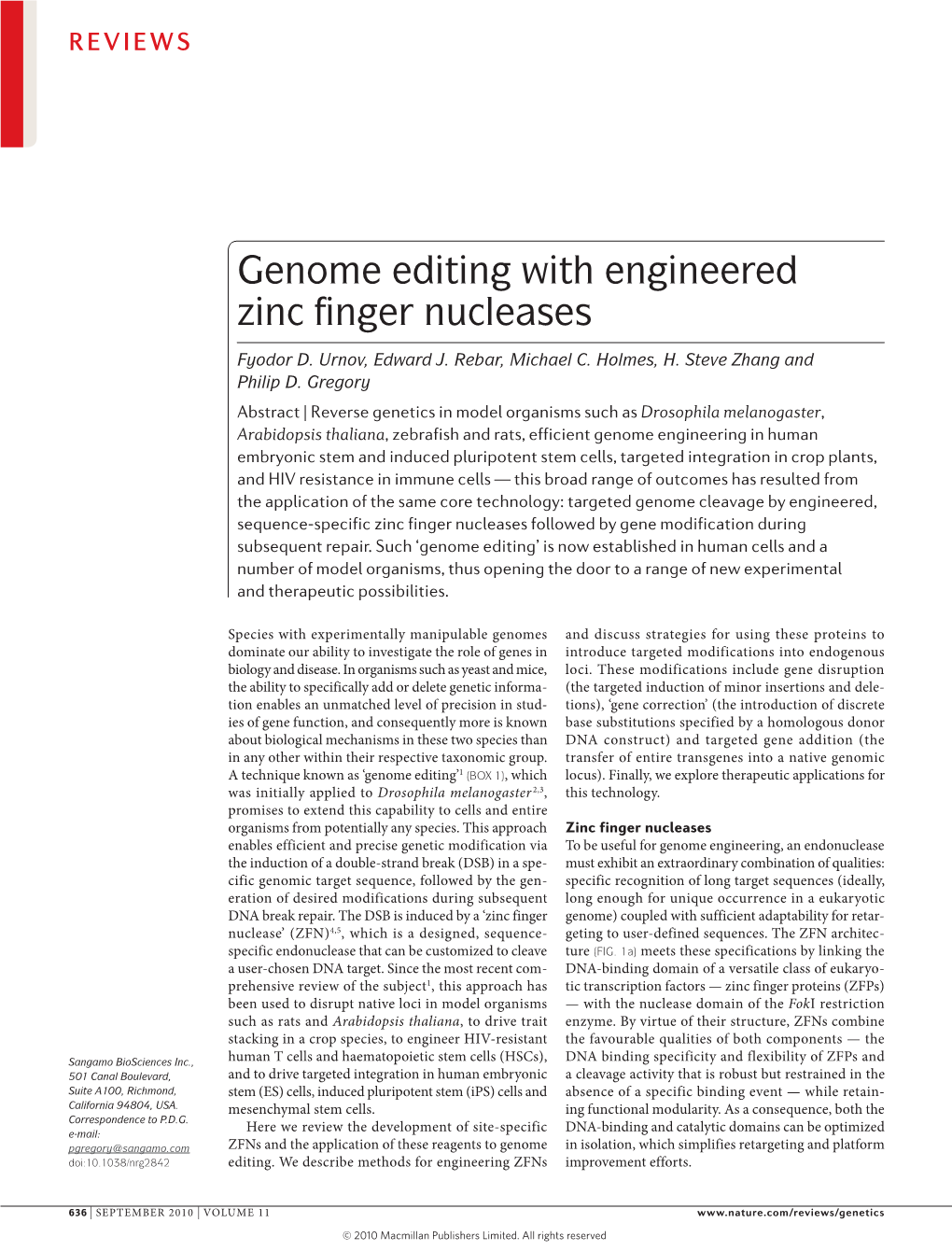 Genome Editing with Engineered Zinc Finger Nucleases