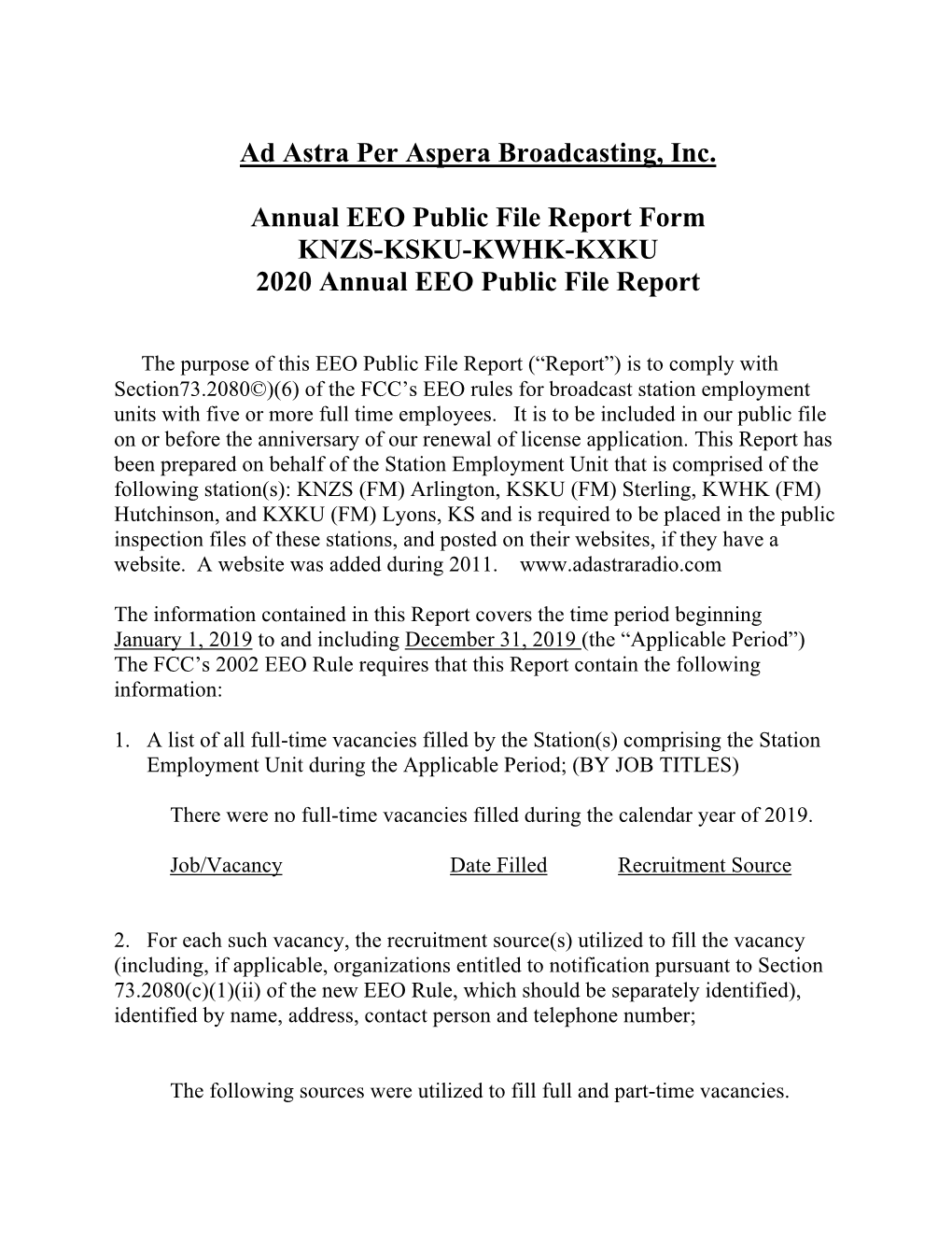 Ad Astra Per Aspera Broadcasting, Inc. Annual EEO Public File Report
