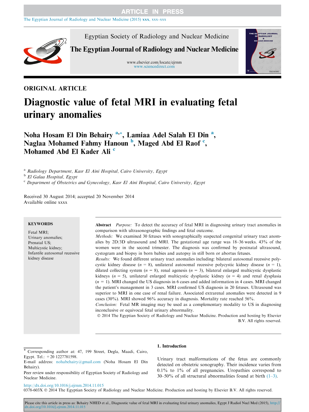 Diagnostic Value of Fetal MRI in Evaluating Fetal Urinary Anomalies