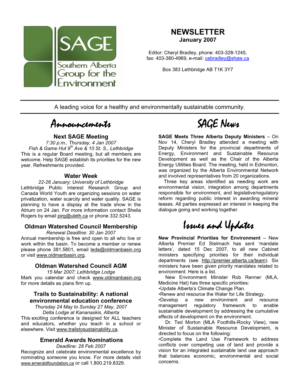 Announcements SAGE News Issues and Updates