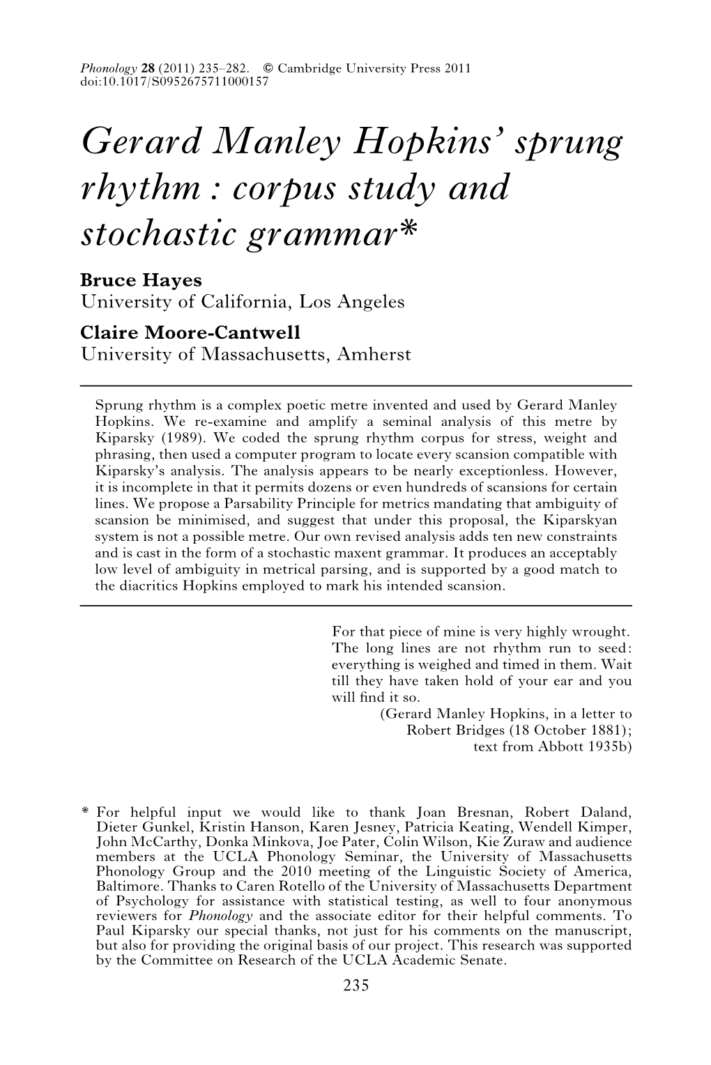 Gerard Manley Hopkins' Sprung Rhythm: Corpus Study