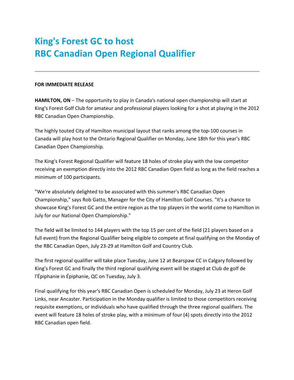 King's Forest GC to Host RBC Canadian Open Regional Qualifier