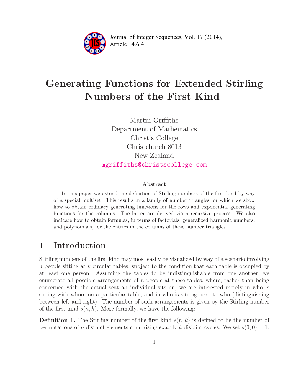 Generating Functions for Extended Stirling Numbers of the First Kind