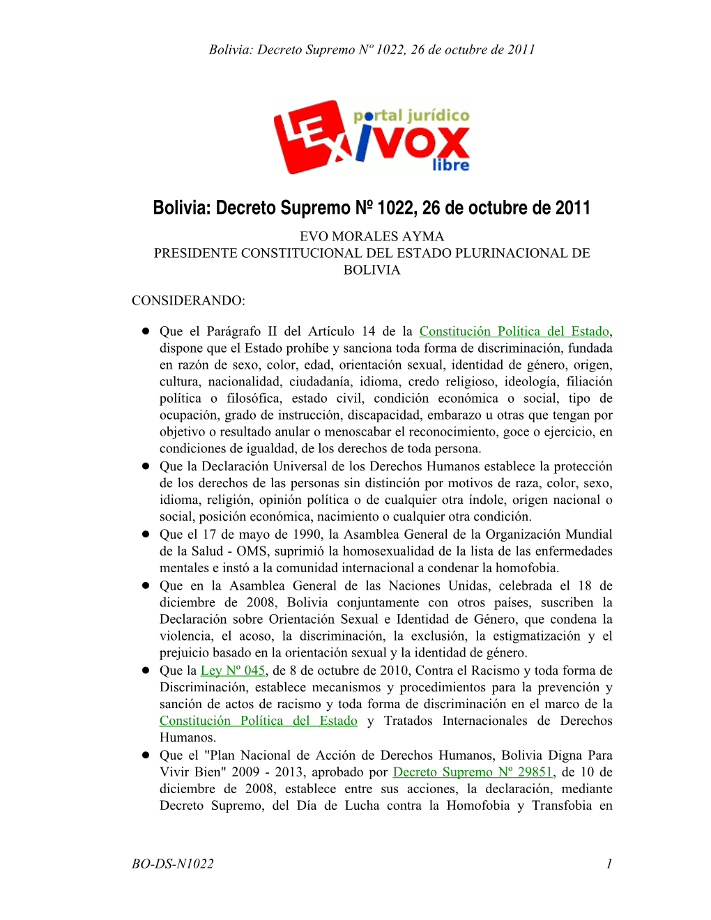 Decreto Supremo Nº 1022, 26 De Octubre De 2011