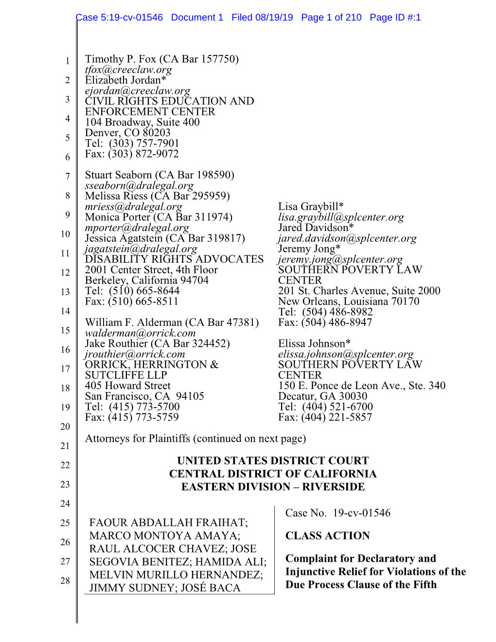 Timothy P. Fox (CA Bar 157750) Tfox@Creeclaw.Org Elizabeth Jordan* Ejordan@Creeclaw.Org CIVIL RIGHTS EDUCATION and ENFORCEMENT