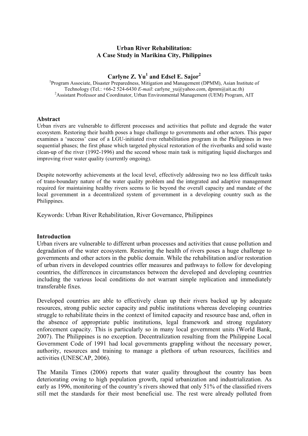 Urban River Rehabilitation: a Case Study in Marikina City, Philippines