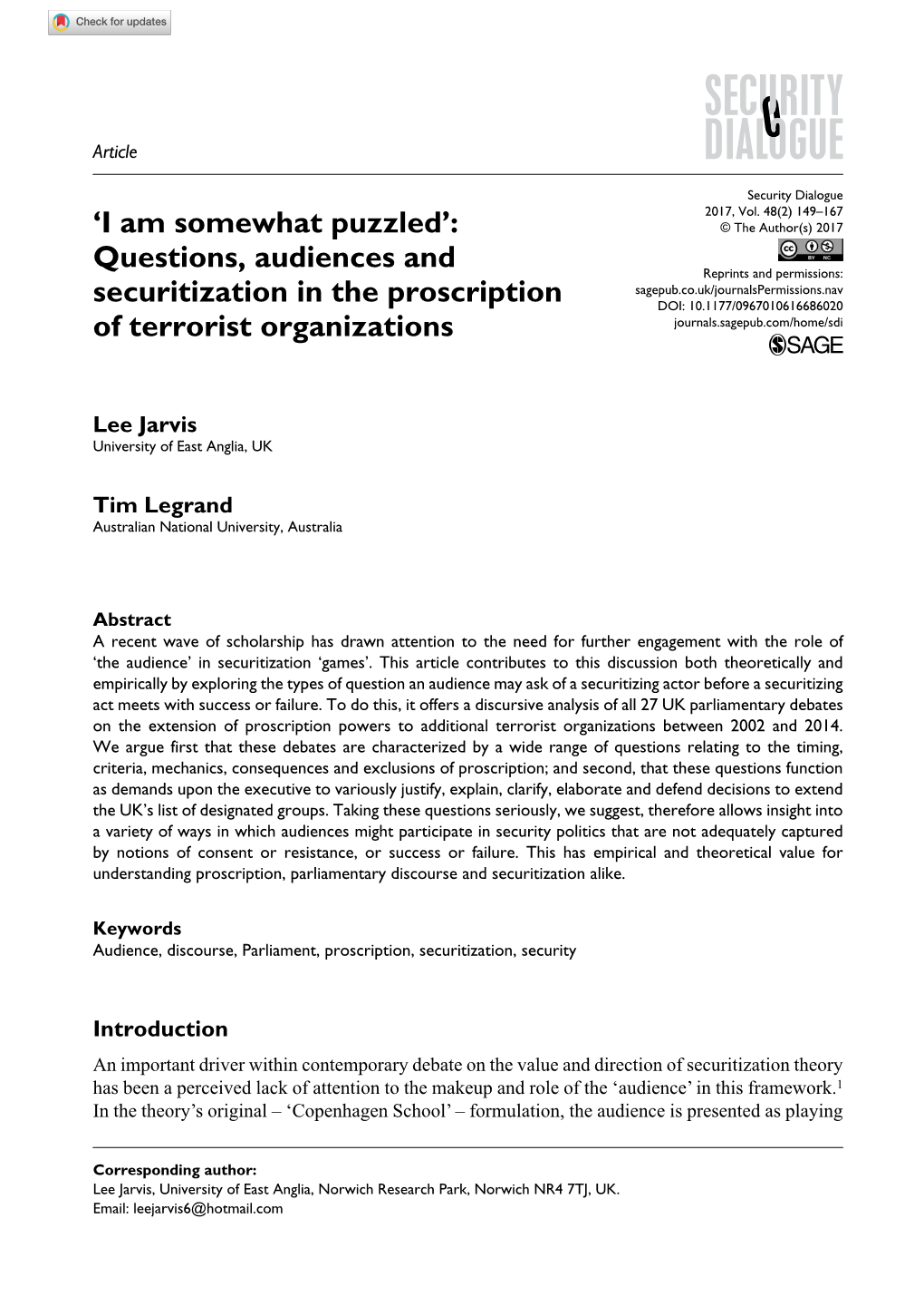 Questions, Audiences and Securitization in the Proscription Of