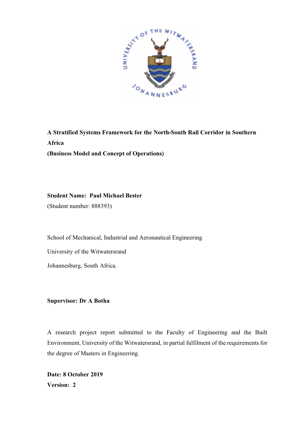 A Stratified Systems Framework for the North-South Rail Corridor in Southern Africa (Business Model and Concept of Operations)