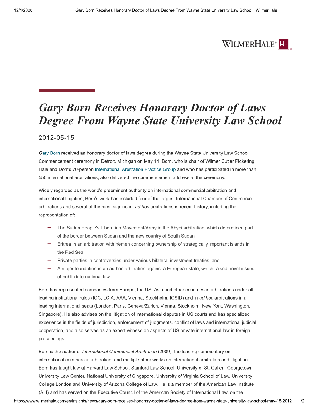 Gary Born Receives Honorary Doctor of Laws Degree from Wayne State University Law School | Wilmerhale