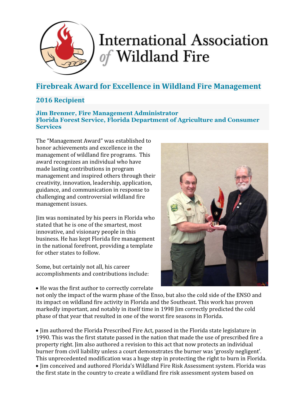 Firebreak Award for Excellence in Wildland Fire Management