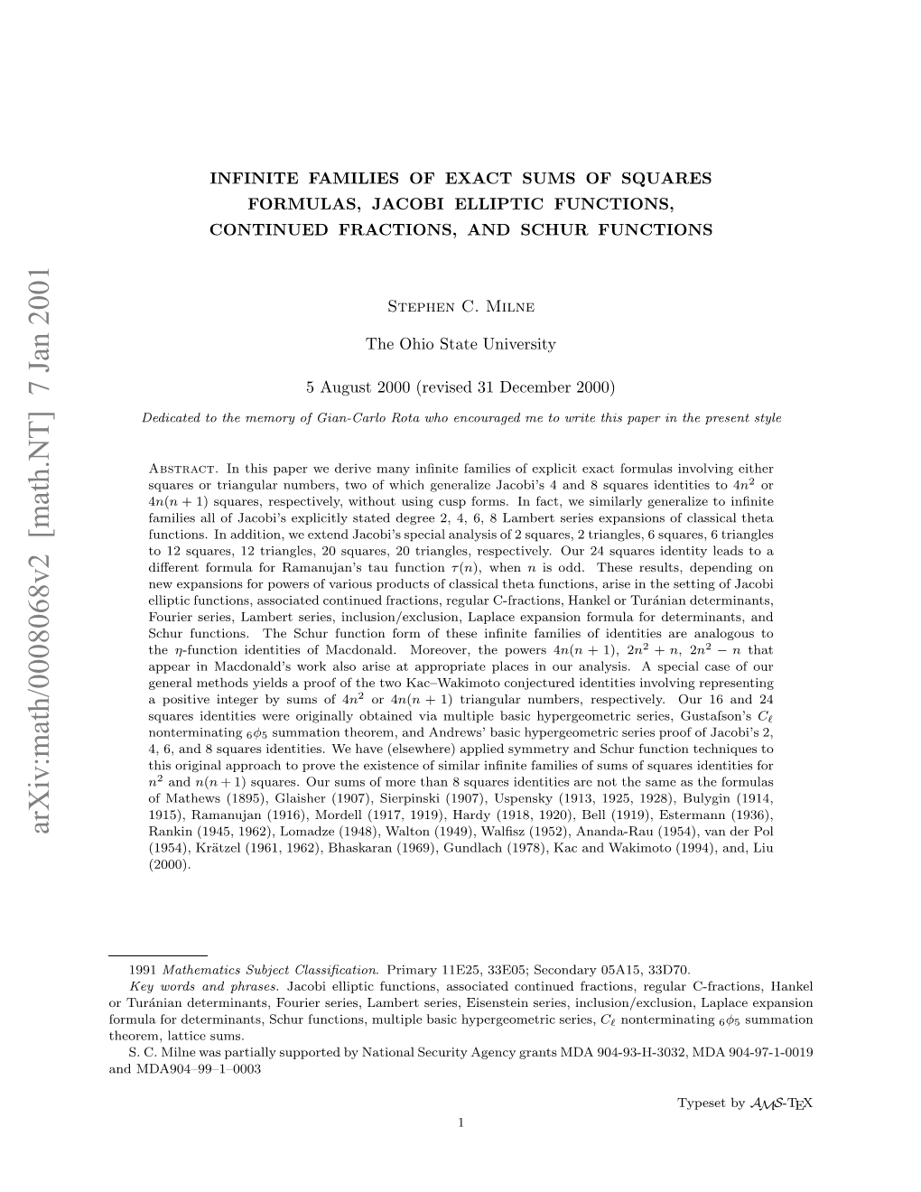 Arxiv:Math/0008068V2 [Math.NT] 7 Jan 2001 Oml O Eemnns Cu Ucin,Mlil Basic Multiple Functions, Schur Determinants, for Formula N MDA904–99–1–0003 and Sums