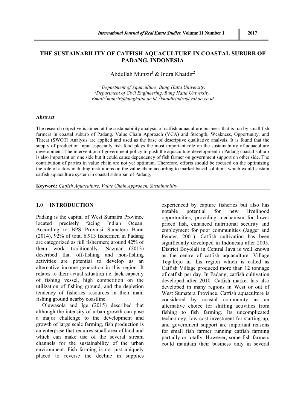 The Sustainability of Catfish Aquaculture in Coastal Suburb of Padang, Indonesia